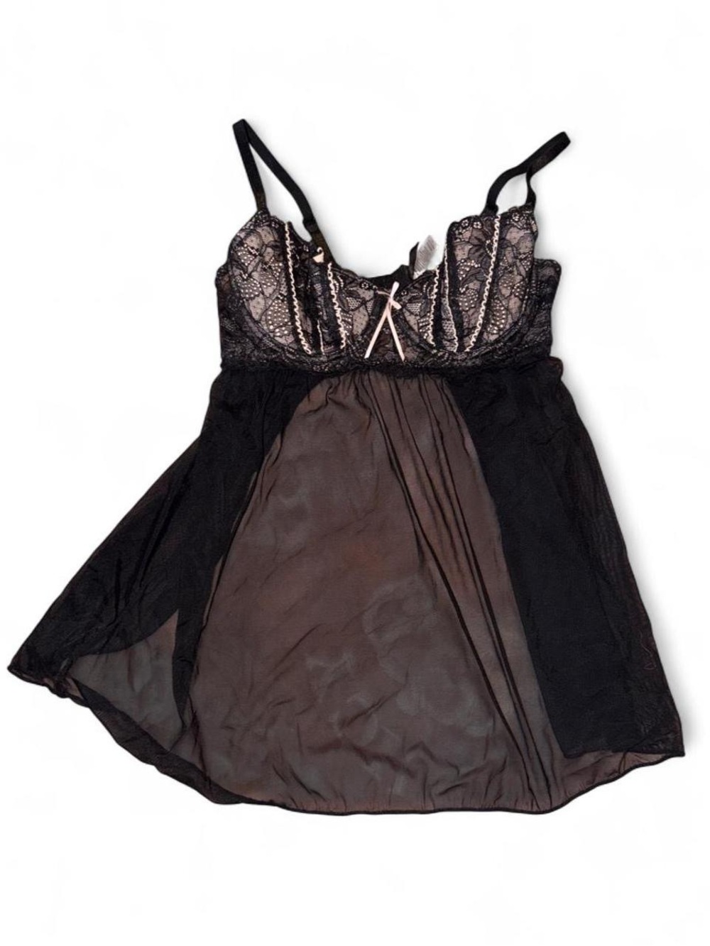Sheer Black Lace Babydoll Chemise with Pink Bow Accent
